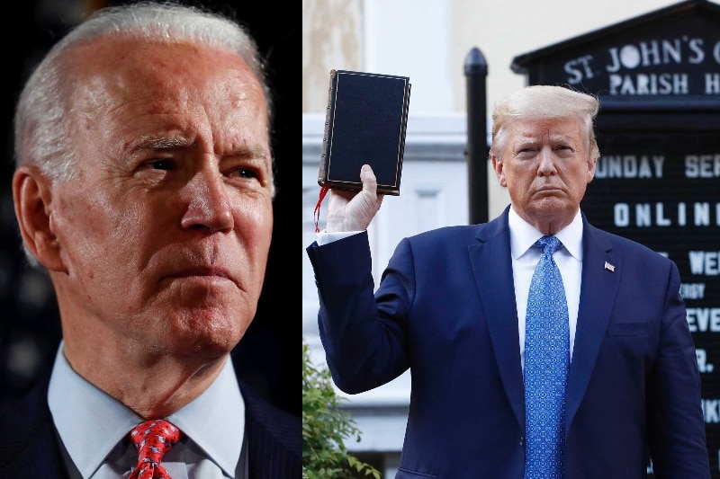 A composite image of Joe Biden's face (left) and Donald Trump holding up a bible in front of a church.