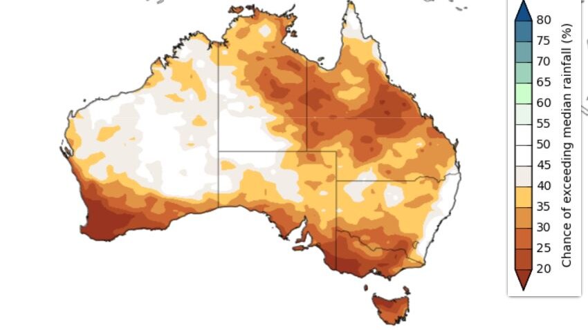 September to November rainfall is likely to be below averse for much of Australia