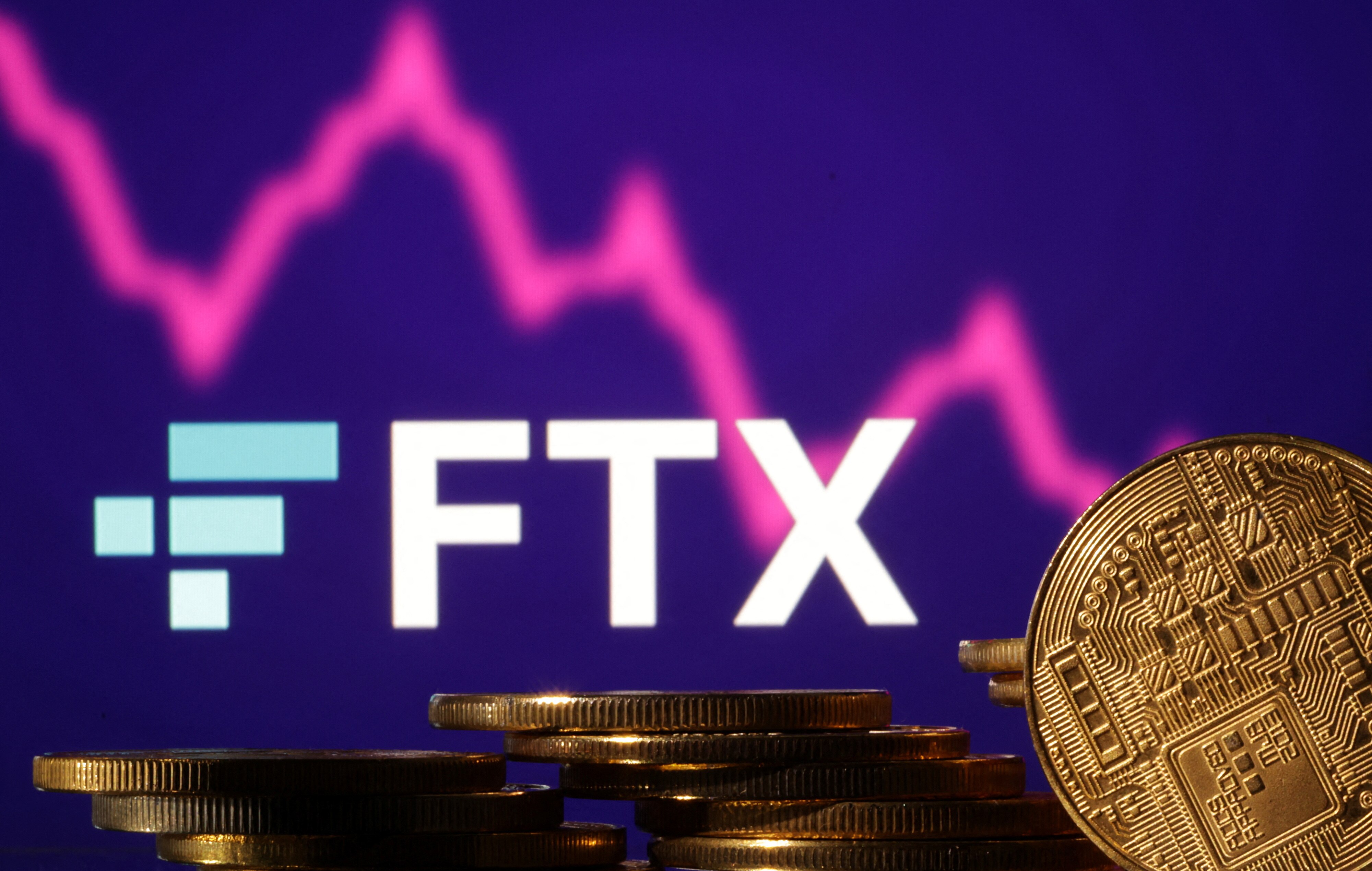 Piles of bitcoin in front of the FTX logo and a decreasing stock graph 
