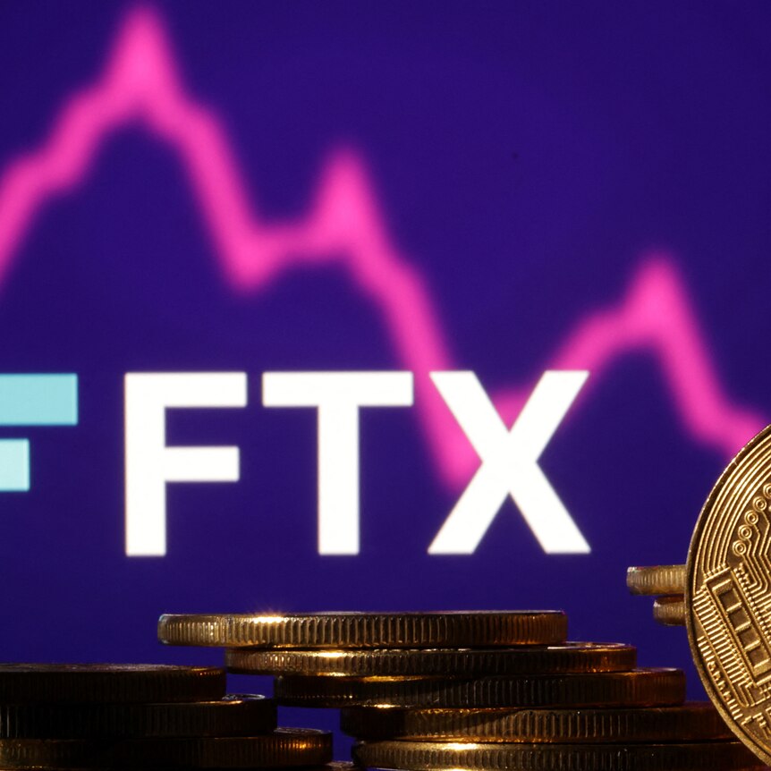 Piles of bitcoin in front of the FTX logo and a decreasing stock graph 