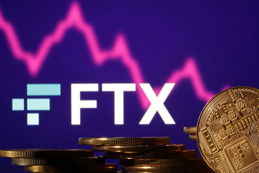 Piles of bitcoin in front of the FTX logo and a decreasing stock graph 