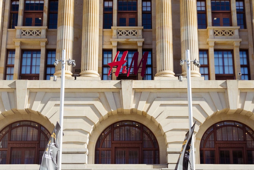 A wide shot of the H&M clothing store on the old post office building in Perth's Forrest Place.