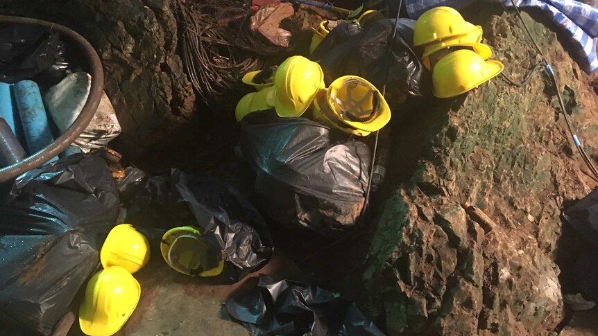 Equipment used in the rescue left at the cave entrance while rescuers rested.