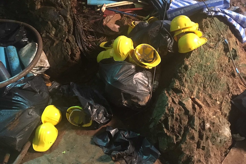 Equipment used in the rescue left at the cave entrance while rescuers rested.