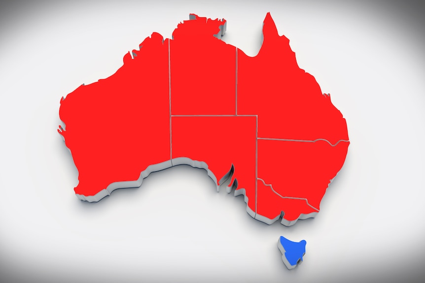 A graphic showing a red map of Australia with Tasmania in blue