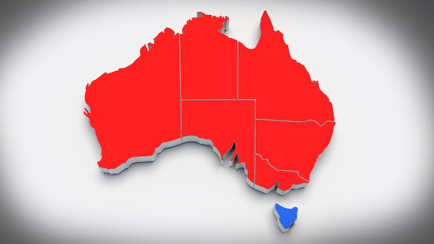 A graphic showing a red map of Australia with Tasmania in blue