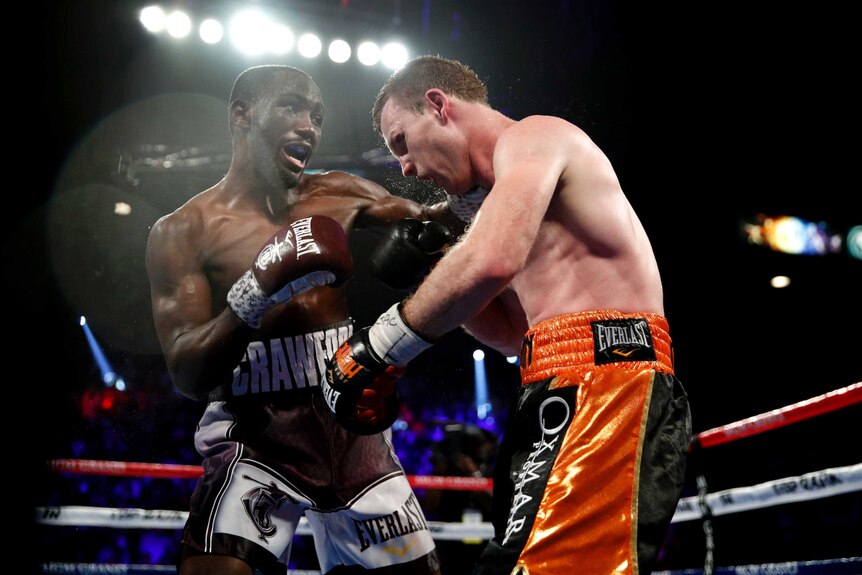 Terence Crawford lands a blow on Jeff Horn in their boxing world title fight in Las Vegas in 2018.