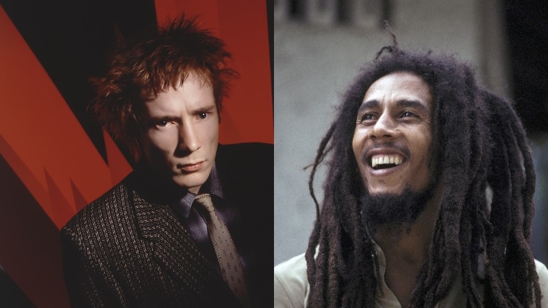 Composite image of portraits of John Lydon (L) and Bob Marley (R).