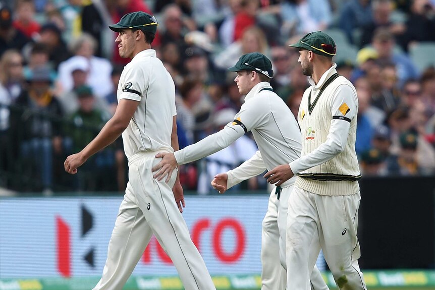 Australia's Mitchell Starc leaves the field with an injury during the third Test at Adelaide Oval.