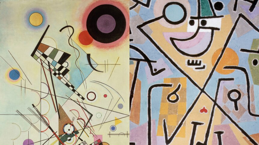 Two paintings from Bauhaus artists: Composition, by Wassily Kandinsky, and Caprice in February by Paul Klee.