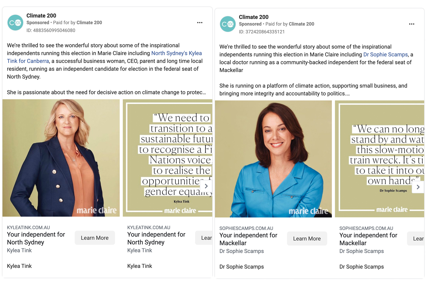 Two examples of Facebook ads featuring two women with brown and blonde hair on soft green backgrounds