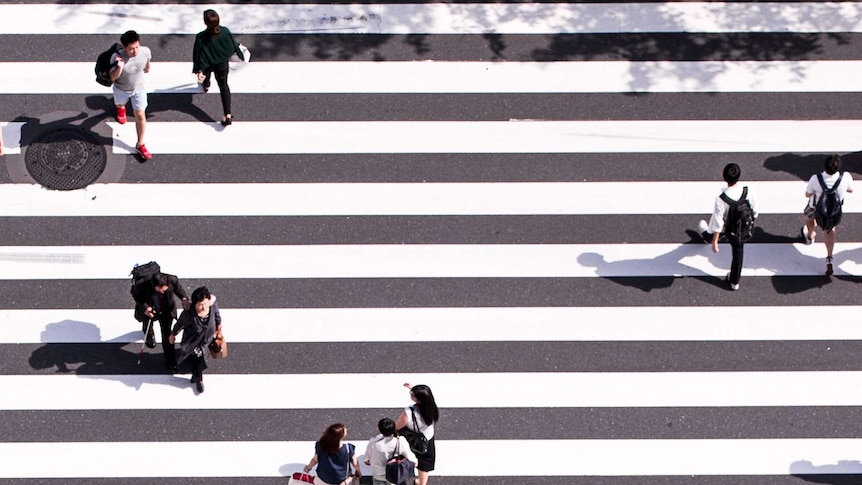 Groups of people walk over a pedestrian crossing