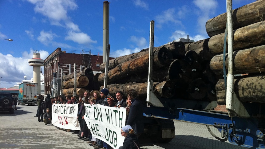 Anti-logging protesters stop a truck carrying logs destined for China on Hobart's waterfront