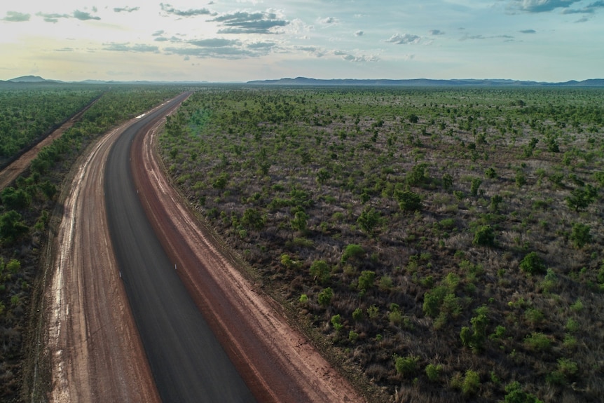 a drone shot of a road cutting through bush.