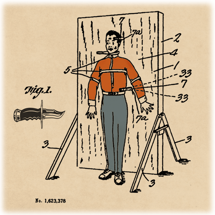 An illustration showing a man tied to a board where knives will be thrown close to him as part of a magic trick.