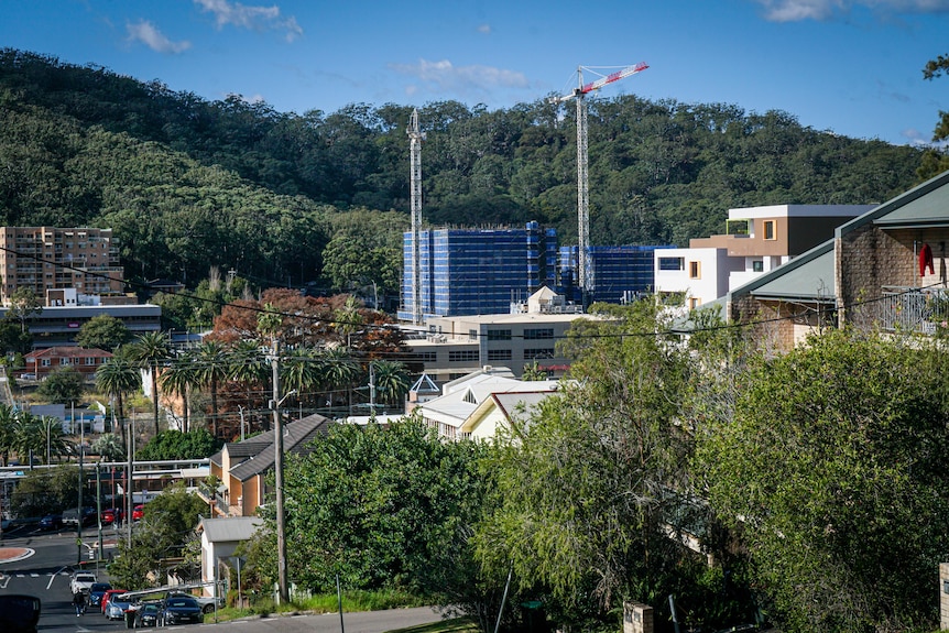A view of Gosford from Faunce Street West. Cranes and construction sites in the background.