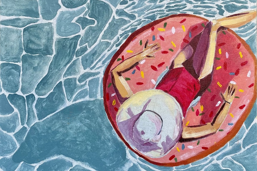 A painting of a woman in a red swimming costume in a pink pool floaty, in a pool