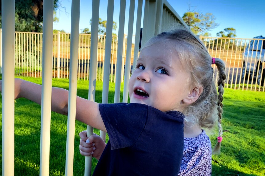 A little fair-haired girl clinging to a gate.