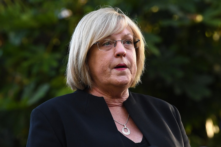 Lisa Neville speaking at a press conference outside.