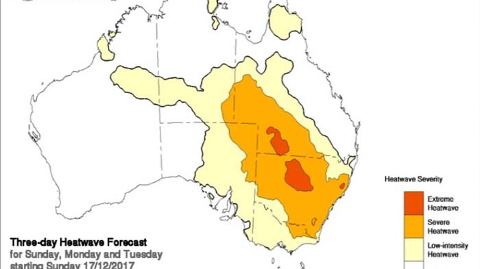 Graphic map of Australia shows red areas of extreme heatwave situation for 3 days from December 17, 2017.