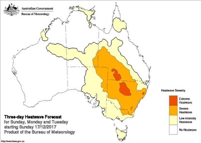 Graphic map of Australia shows red areas of extreme heatwave situation for 3 days from December 17, 2017.