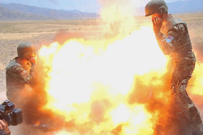 Mortar tube explosion captured by Afghan soldier