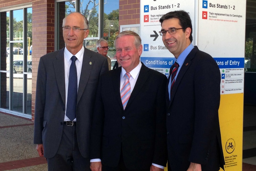 Peter Abetz, Colin Barnett and Nick Goiran at Cockburn train station.