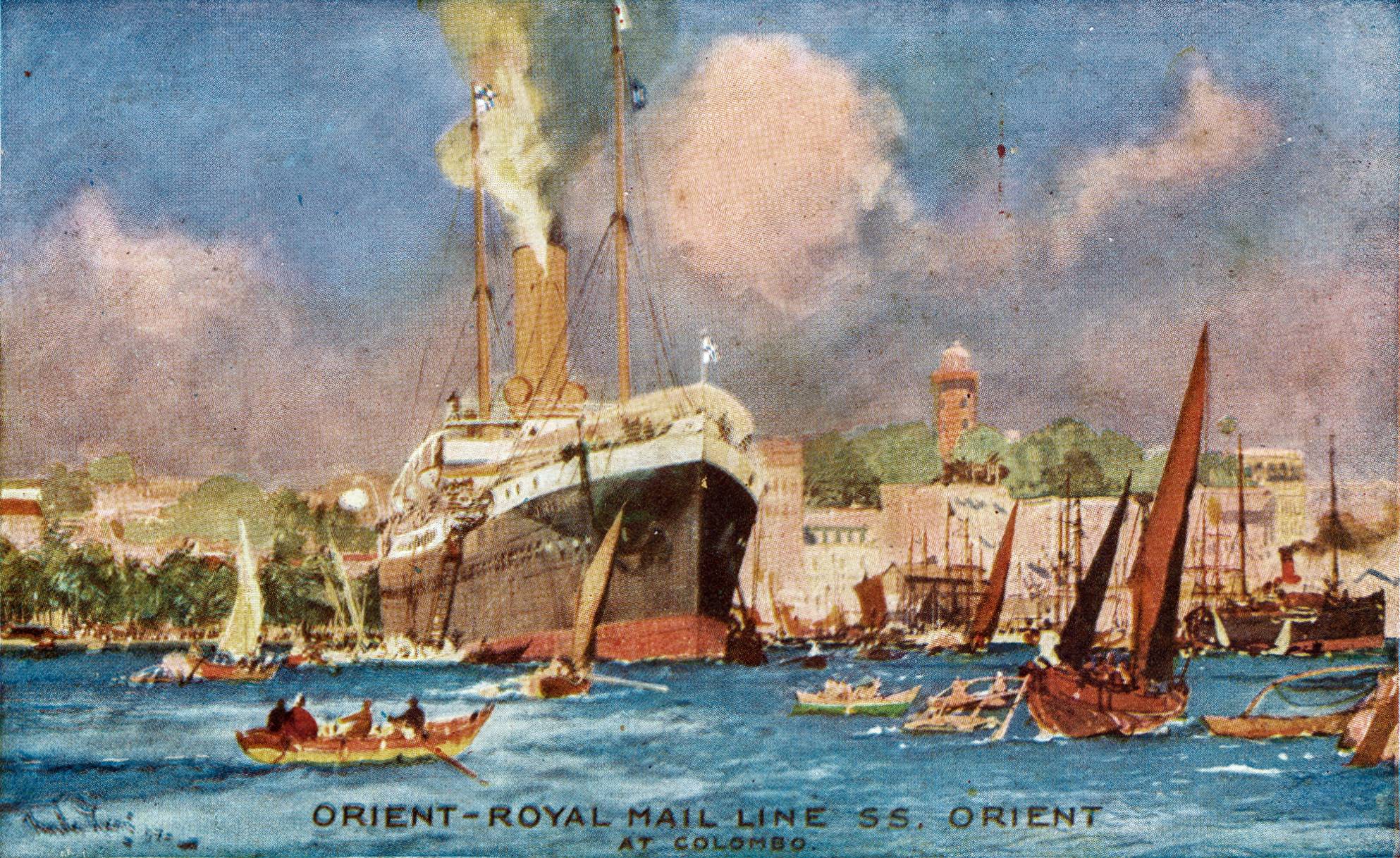 A ship in the harbour as depicted in water colours. 