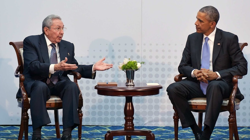 Barack Obama and Raul Castro talk at the Summit of the Americas