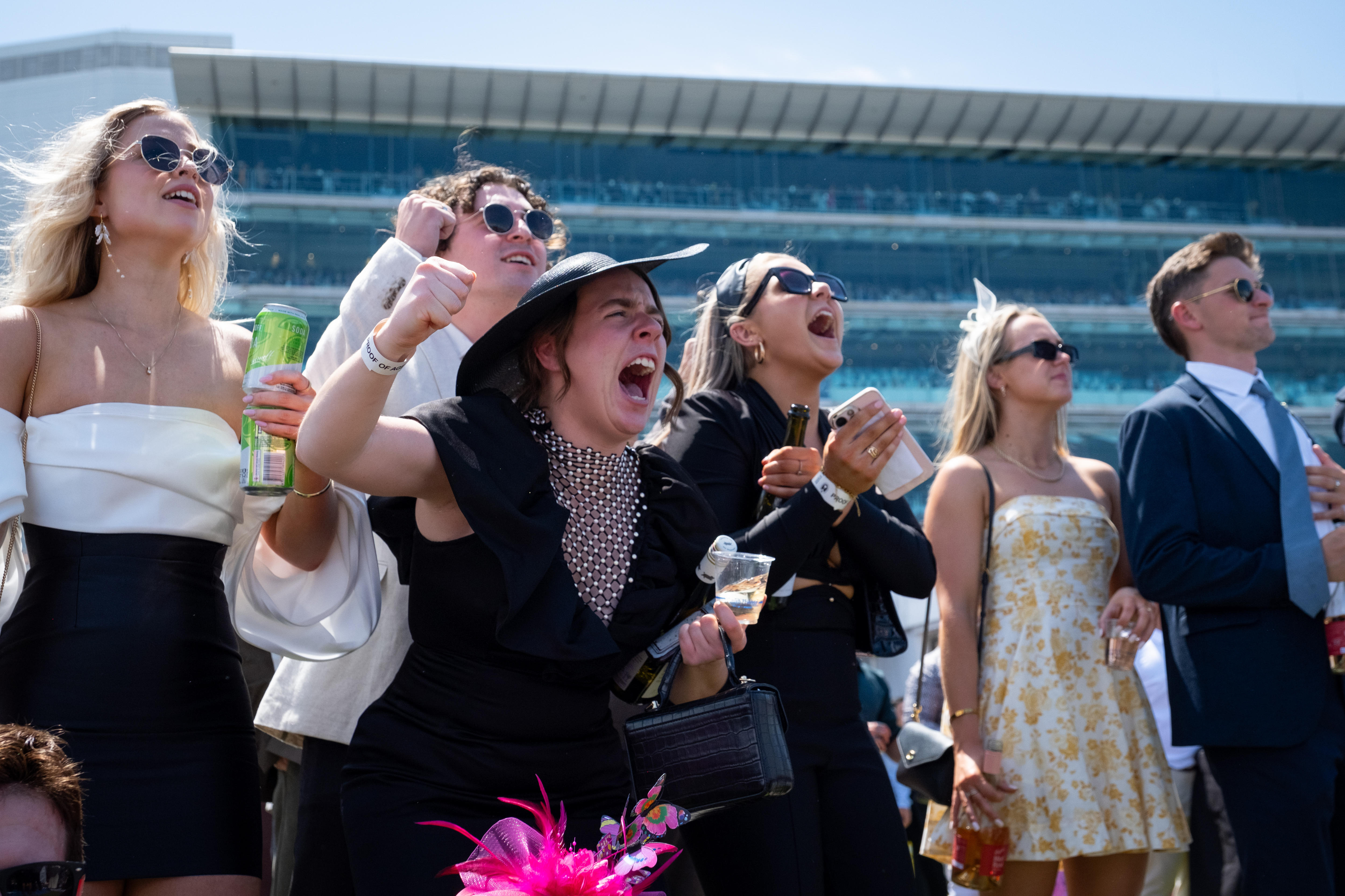 Racegoers celebrate as the Melbourne Cup is run.