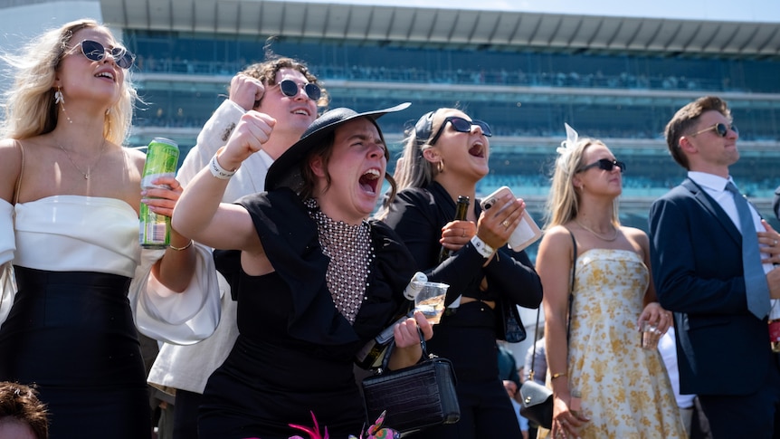 Racegoers celebrate as the Melbourne Cup is run.
