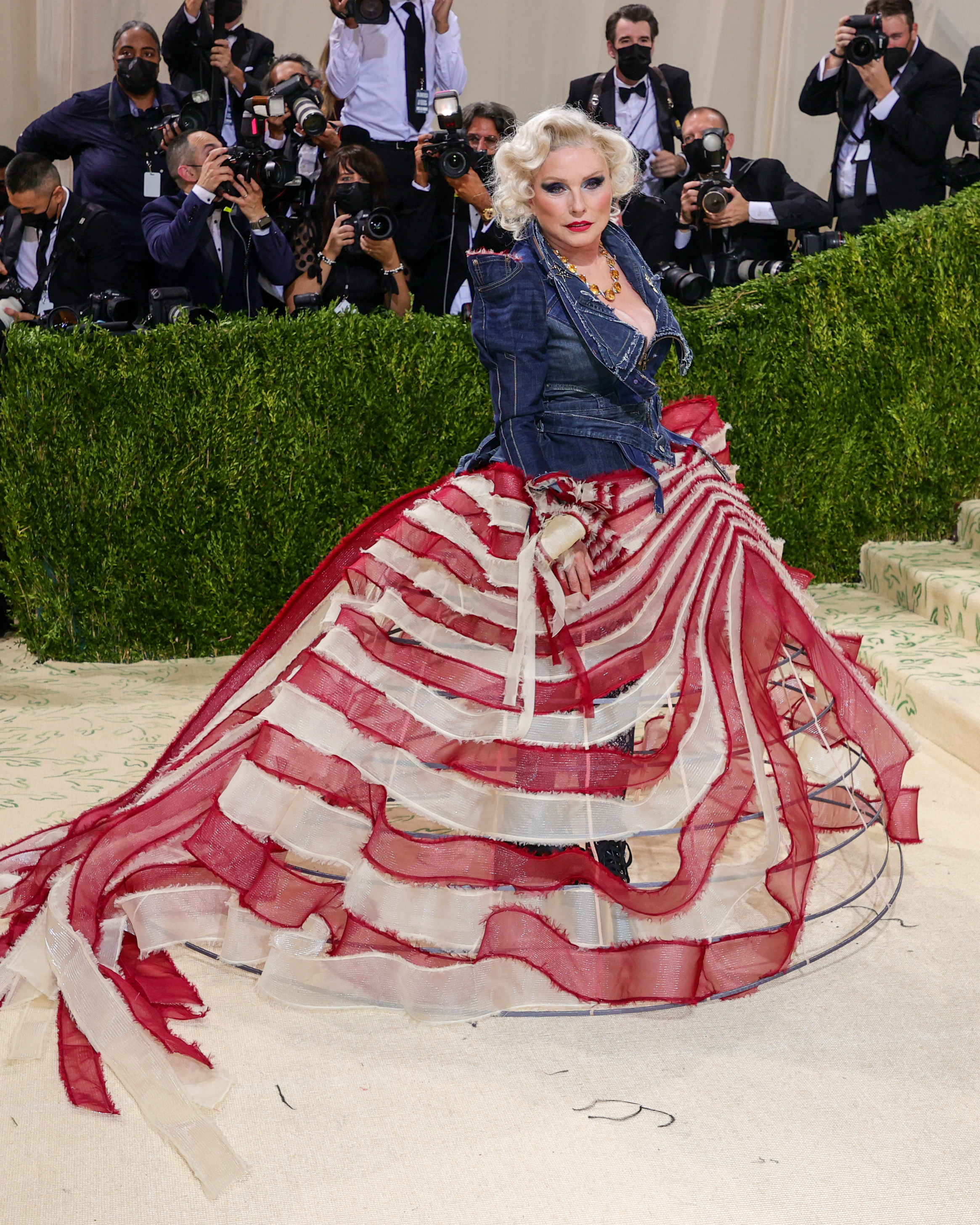 Debbie Harry wears a ball gown made from recycled denim.