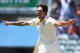 Mitchell Johnson celebrates the wicket of Ben Stokes at the WACA