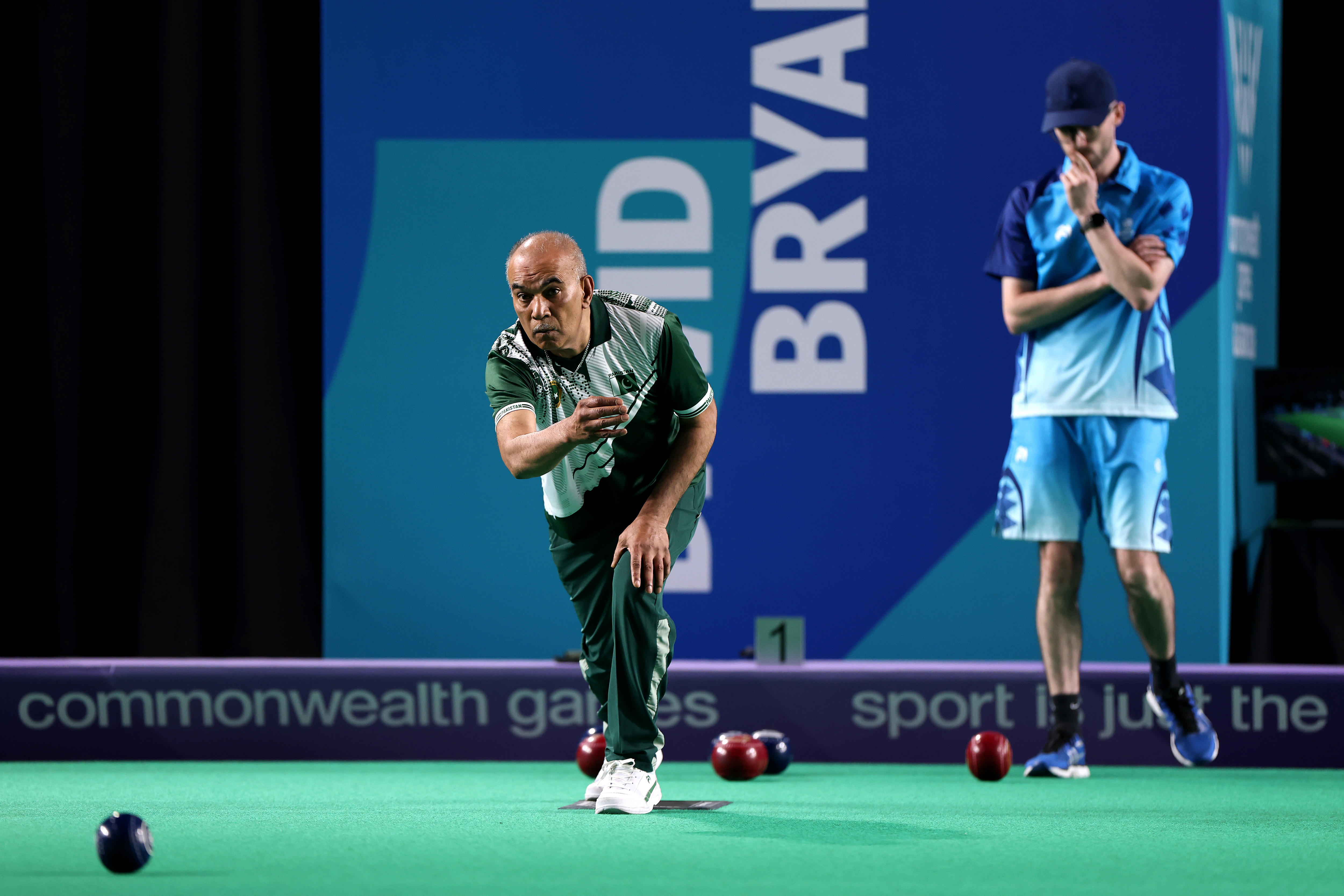 Mohammed Ayub Qureshi competing for Pakistan in the lawn bowls.