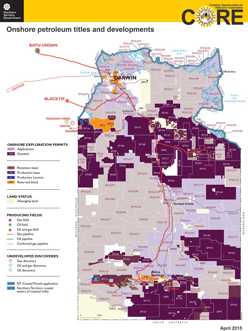 A map of the Northern Territory with different regions coloured in.