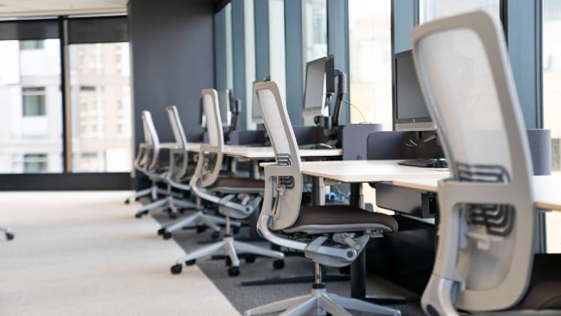 A row of empty office chairs facing a window.