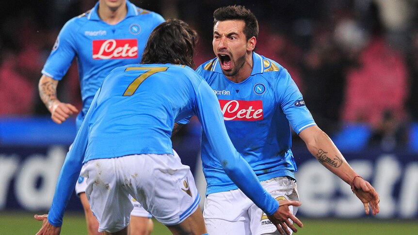 Ezequiel Ivan Lavezzi one of his two strikes at the heaving Stadio San Paolo.