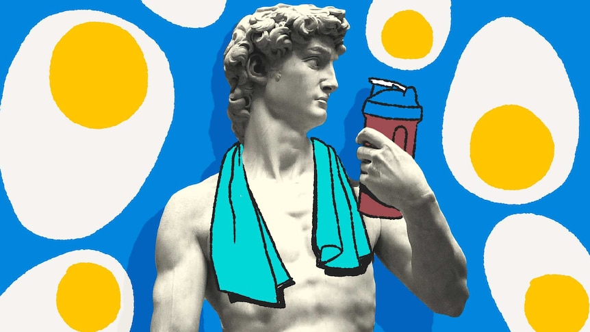 Statue of David with protein shake and surrounded by eggs for a story about getting enough protein.
