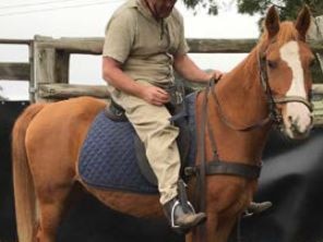 A man riding the horse Narelle Davies' took on a weekend riding trip in the mountains.
