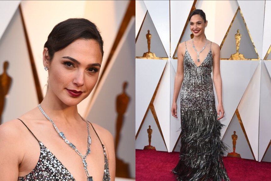Presenter and star of Wonder Woman, Gal Gadot wore a low plunging dress adorned with metallic fringe and sequins.