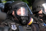 Man wearing police riot gear including black helmet, mask and shield