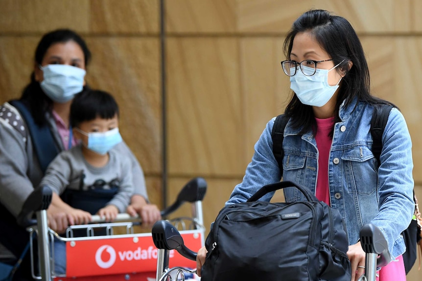 People wearing protective masks push luggage trolleys through an airport.