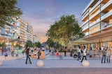 An artist's impression showing a plaza filled with people flanked by apartment buildings.