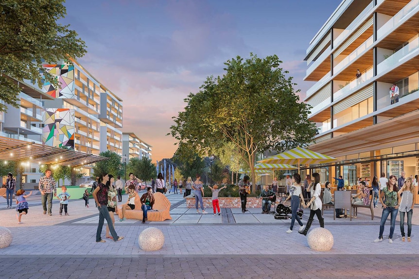 An artist's impression showing a plaza filled with people flanked by apartment buildings.