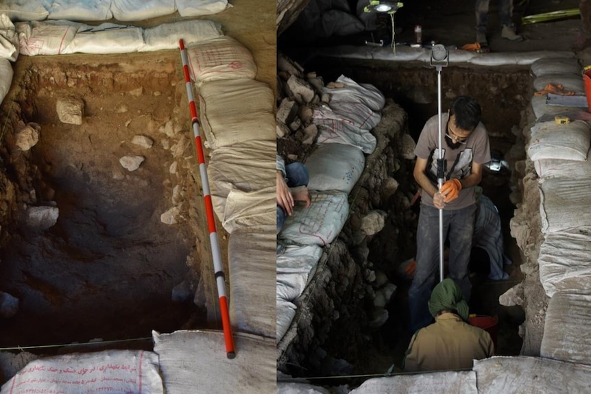 A large excavation hole and a man inside with a long stick