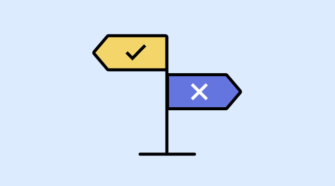 A sign with a tick pointing to the left, and a cross pointing to the right.