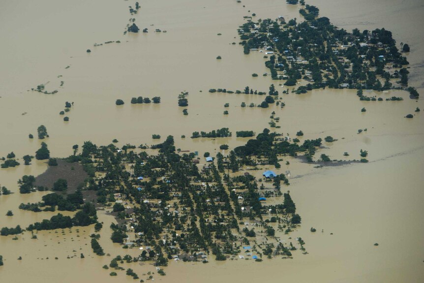 An aerial view shows flooding over Kalay in Myanmar's Sagaing region