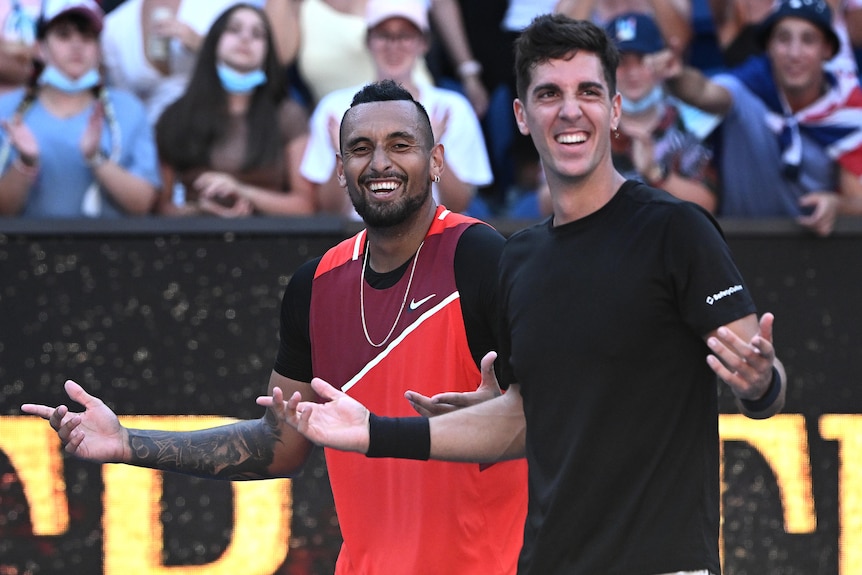 Thanasi Kokkinakis and Nick Kyrgios smile.