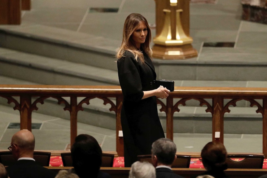 First Lady Melania Trump arrives at a funeral service for former first lady Barbara Bush.