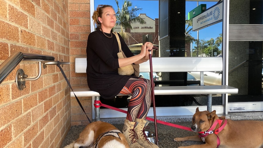 Woman with a walking stick wearing a black top sits with two dogs.